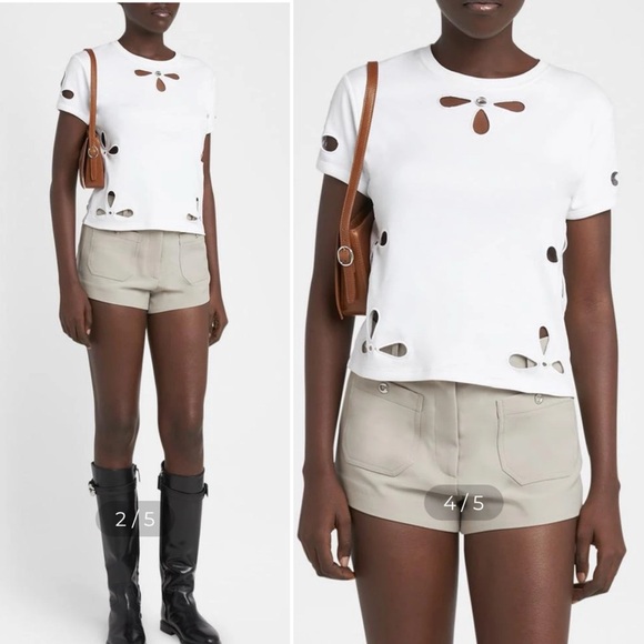 Coperni Tops - Coperni Petal Cutout Slim Fit White Cutwork Knit Logo Cotton T-Shirt FLAW XS